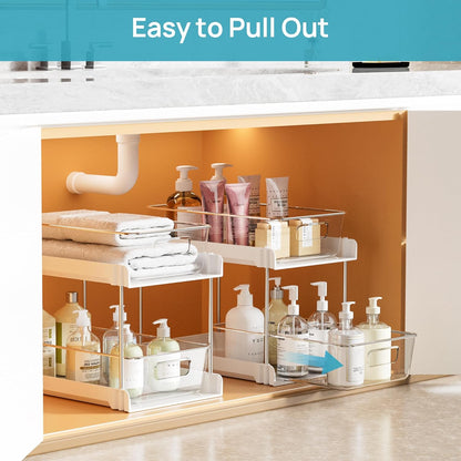 Vtopmart 2 Tier Bathroom Storage Organizer, 2 Pack Clear Under Sink Organizers Vanity Counter Container, Cabinet Drawers Bins, Pull-Out Organization with Track for Pantry, Kitchen