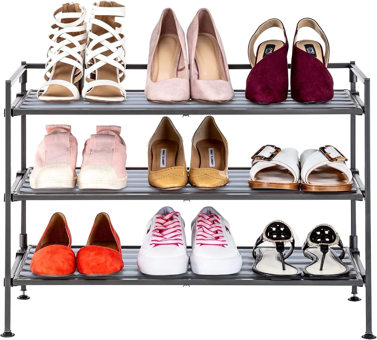 Seville Classics Sturdy Freestanding Storage Shelf for Bedroom, Closet, Entryway, Dorm Room Organizer Stackable Durable Metal Shoe Rack Ash Gray Slat, 3-Tier