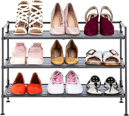 Seville Classics Sturdy Freestanding Storage Shelf for Bedroom, Closet, Entryway, Dorm Room Organizer Stackable Durable Metal Shoe Rack Ash Gray Slat, 3-Tier