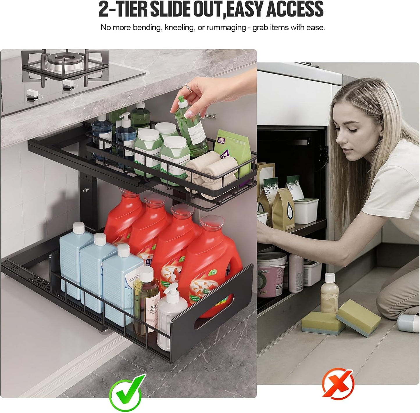 Under Sink Organizer Upgrade To Professional Rails,2-Tier Dual Pull Out Cabinet Storage,Height Adjustable Slide Out Drawers For Bathroom Kitchen,2 Pack-14.5" Dx12.8-16.9" H,White
