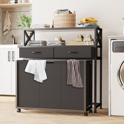 Laundry Hamper 3 Section, 150L Rolling Laundry Sorter Basket with 2 Shelves and 2 Drawers, 3 Compartment Clothes Organizer Cart with Wheels, Pull-Out Bags for Laundry Room, Bathroom, Bedroom