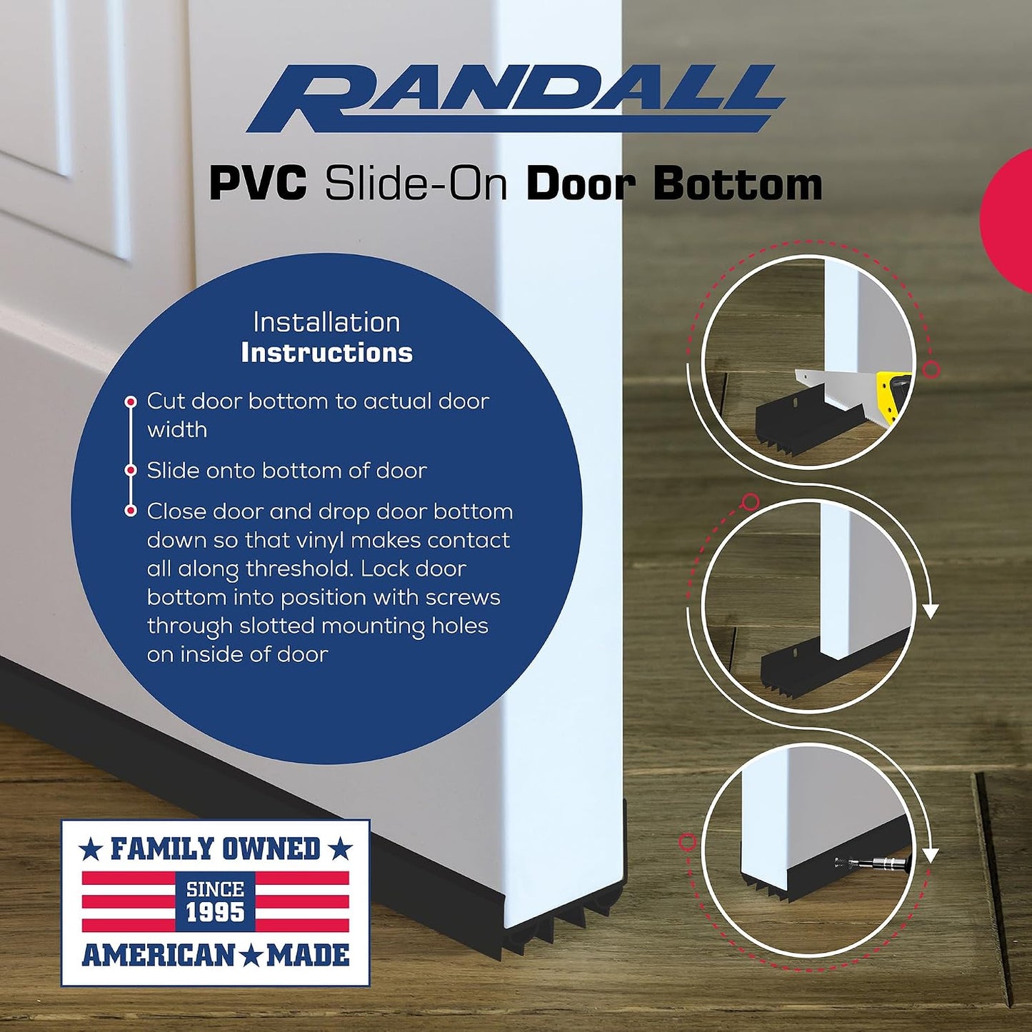 PVC Slide-On Door Bottom | Adjustable Plastic Weatherstrip Door Bottom with Drip Cap | 3 Feet (36-Inch) | for 1 3/4” Doors | Black | Fits Gaps 3/8” to 7/8” | Made in The USA