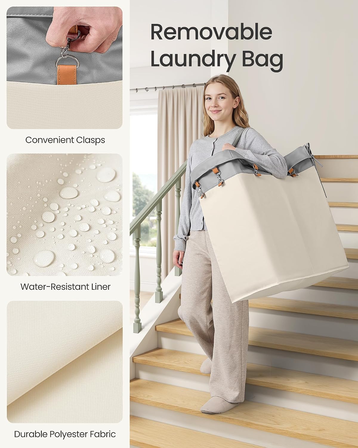 SONGMICS Laundry Basket with Wheels, 3-Section Rolling Laundry Hamper, 52.8 Gallons (200 L), Removable Liner, Steel Frame with Handle, 35.8 x 15.4 x 31.9 Inches, Cream White URLS005W01