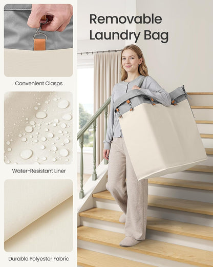 SONGMICS Laundry Basket with Wheels, 3-Section Rolling Laundry Hamper, 52.8 Gallons (200 L), Removable Liner, Steel Frame with Handle, 35.8 x 15.4 x 31.9 Inches, Cream White URLS005W01