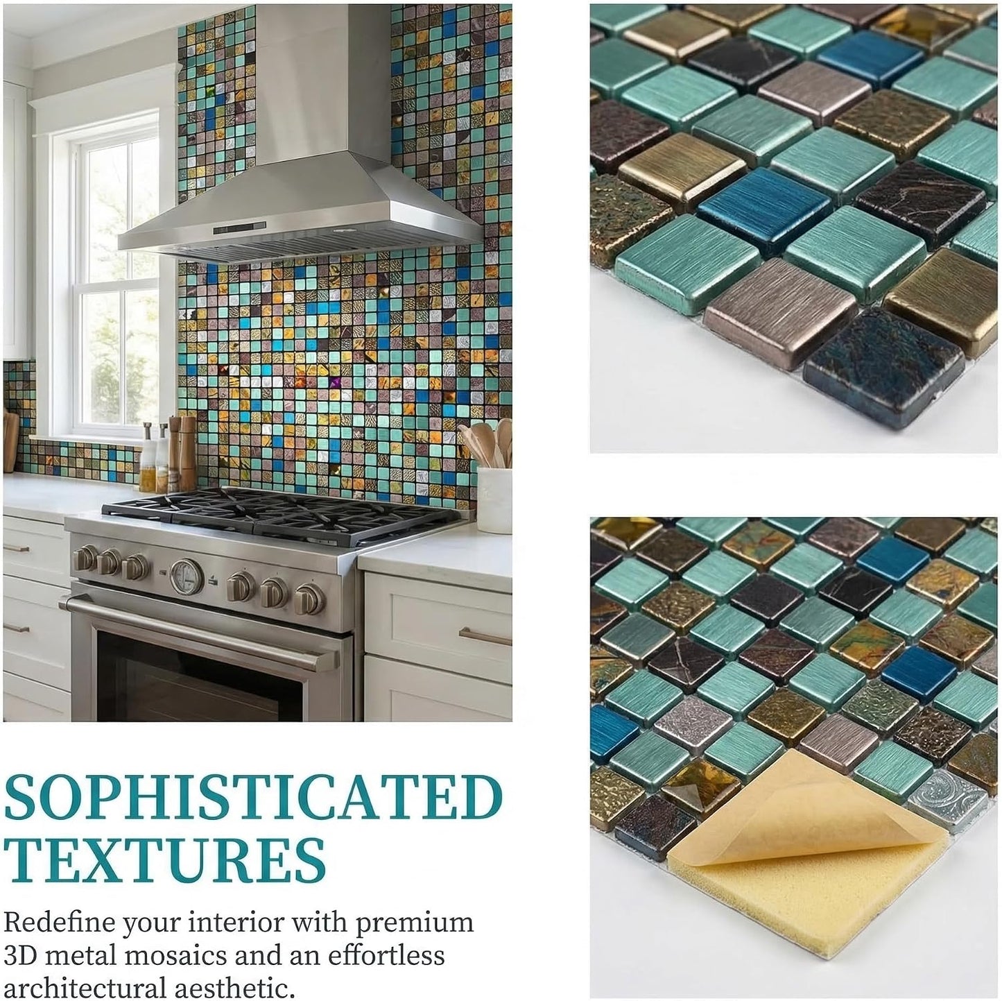 10 Sheets Peel and Stick Backsplash, Waterproof Mosaic Tile Self-Adhesive - Easy Cut to Size for Kitchen, Bathroom, Fireplace DIY Installation (10, Green+Blue Brushed)