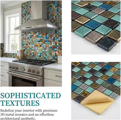 10 Sheets Peel and Stick Backsplash, Waterproof Mosaic Tile Self-Adhesive - Easy Cut to Size for Kitchen, Bathroom, Fireplace DIY Installation (10, Green+Blue Brushed)