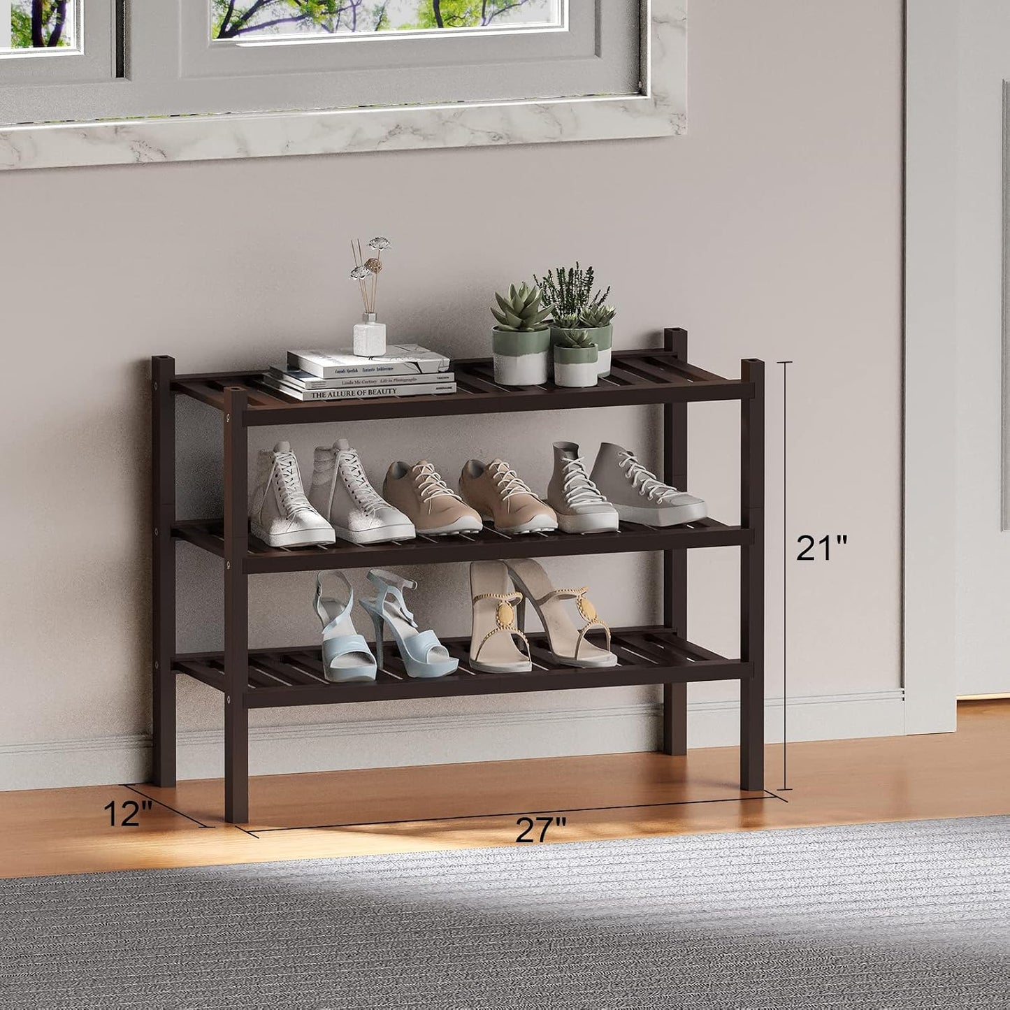 ROMGUAR CRAFT 3 Tier Bamboo Shoe Rack for Closet Free Standing Wood Shoe Shelf Storage Organizer for Entryway Small Space Stackable 27"x11"x20" (Natural)