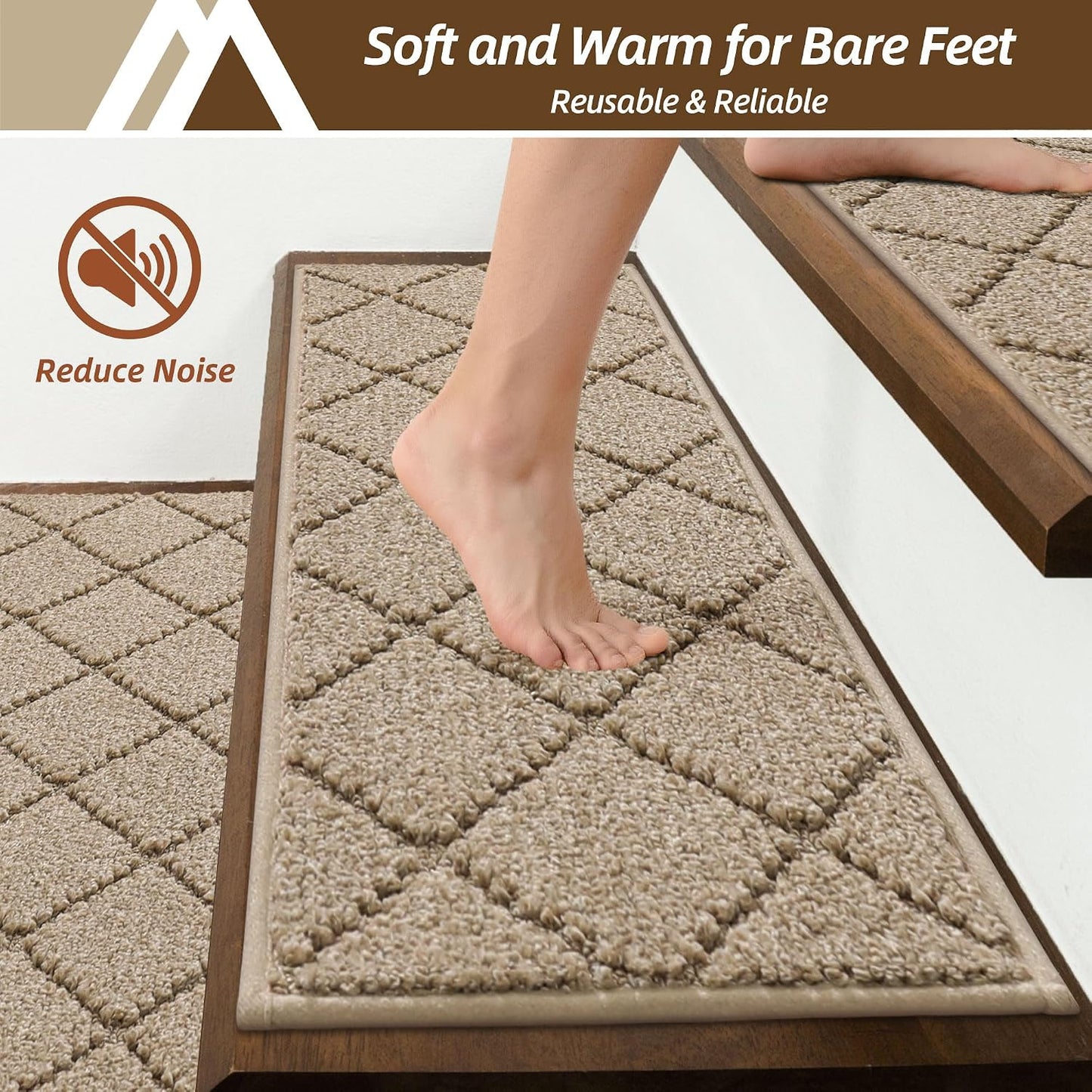 COSY HOMEER Edging Stair Treads Non-Slip Carpet Mat 28inX9in Indoor Stair Runners for Wooden Steps, Edging Stair Rugs for Kids and Dogs, 100% Polyester TPE Backing(4pc, Beige)
