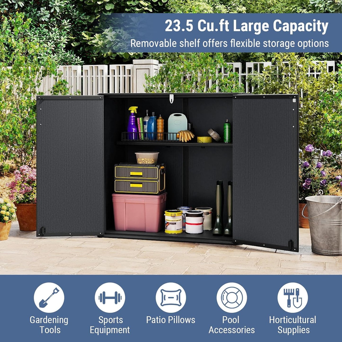 Tangkula 23.5 Cu.ft Outdoor Storage Shed, All-Weather Resin Patio Storage Box with Floor, Lockable Door & Removable Shelf, Waterproof Deck Box for Garden Tools