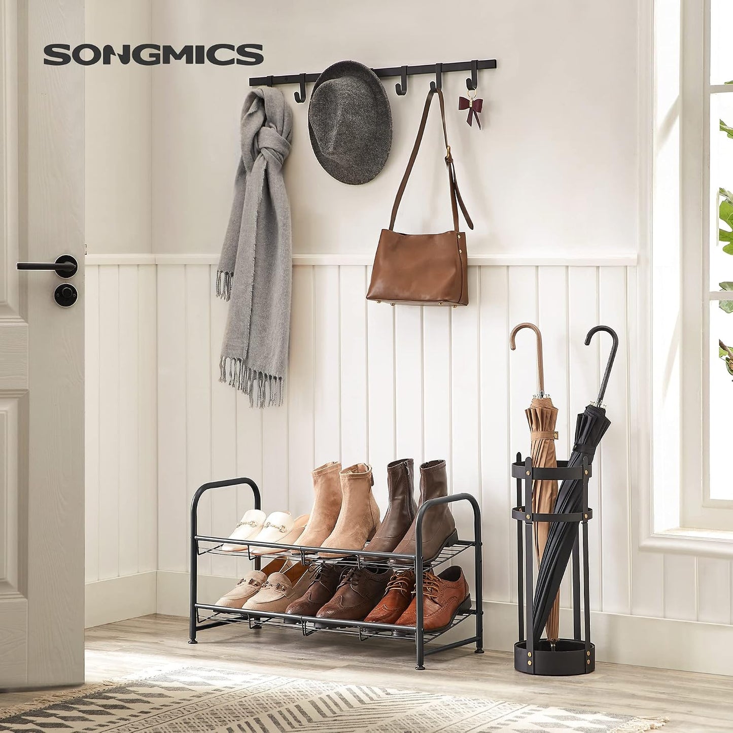 SONGMICS Stackable Shoe Rack, 4 Tier Metal Shoes Rack Storage Shelf, Holds up to 16 Pairs Shoes, Adjustable Slanted Shelves Shoe Tower Organizer for Closet Entryway Small Spaces, Black