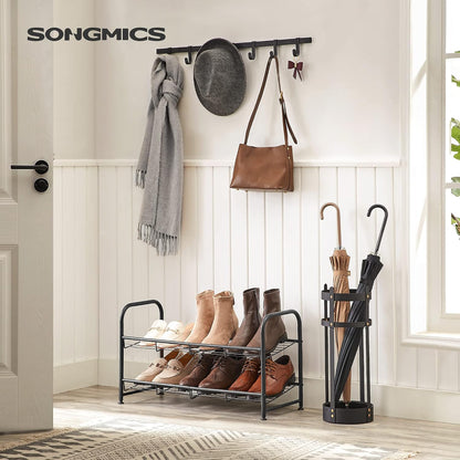 SONGMICS Stackable Shoe Rack, 4 Tier Metal Shoes Rack Storage Shelf, Holds up to 16 Pairs Shoes, Adjustable Slanted Shelves Shoe Tower Organizer for Closet Entryway Small Spaces, Black