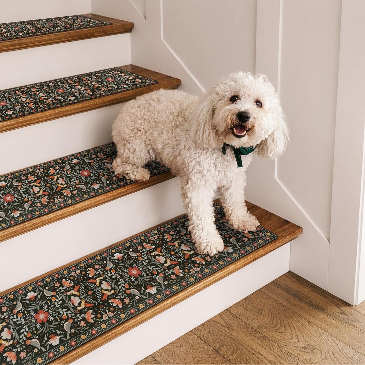 OJIA Floral Stair Treads Non-Slip Stair Runner for Wooden Steps Indoor 15PCS 30"x8" Carpet Stair Treads Stair Mats Staircase Step Treads for Kids, Elders and Dogs, Stair Covers, Black