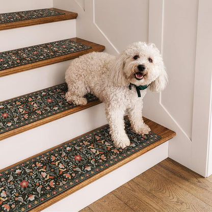 OJIA Floral Stair Treads Non-Slip Stair Runner for Wooden Steps Indoor 15PCS 30"x8" Carpet Stair Treads Stair Mats Staircase Step Treads for Kids, Elders and Dogs, Stair Covers, Black