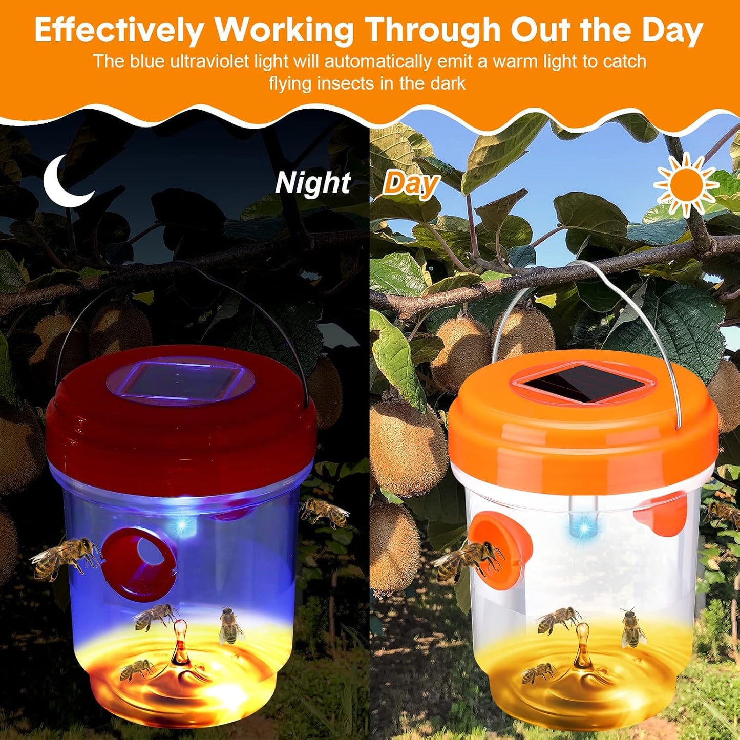 Wasp Trap Solar Powered Bee Trap Reusable Fly Traps Outdoor Hanging Wasp Killer with UV LED Light Flying Insects Bee Killer for Indoor Outside Patio Garden Home (6, Yellow)