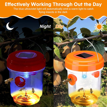 Wasp Trap Solar Powered Bee Trap Reusable Fly Traps Outdoor Hanging Wasp Killer with UV LED Light Flying Insects Bee Killer for Indoor Outside Patio Garden Home (6, Yellow)