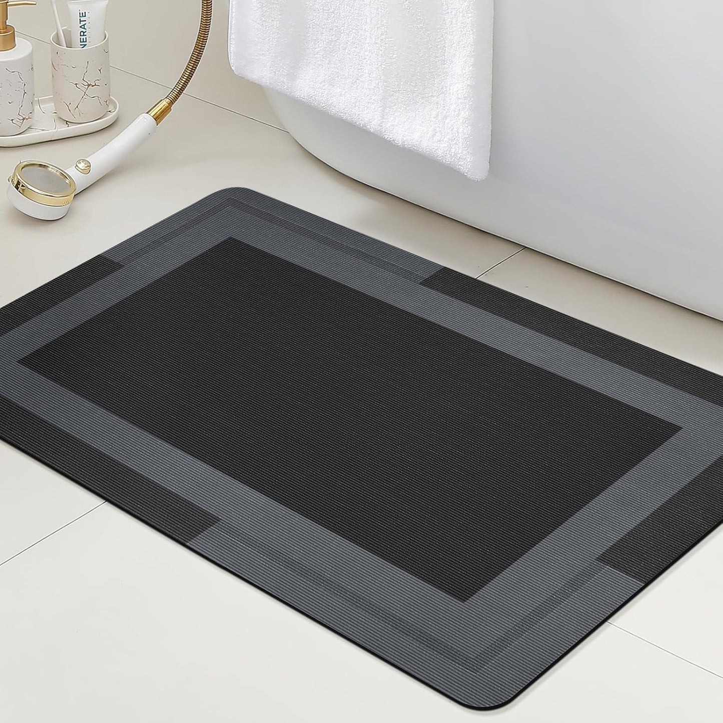 ACCUMTEK Non Slip Bath Mat, Thin Bathroom Rugs Fit Under Door, Quick Dry Bath Mats, Machine Washable Bath Rugs for Bathroom, Bathtub & Kitchen, Grey/Bordered/24 x17