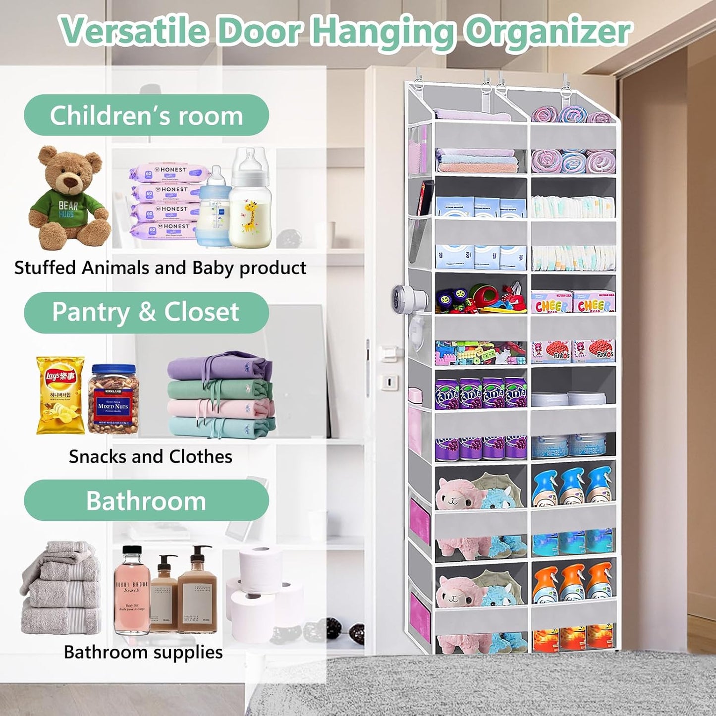 Heavy Duty Over The Door Organizer 5 Tiers, Extra Large Behind Door Storage of 10 Big Front & 10 Mesh Pockets, 80lb Weight Capacity, Hanging Doors Storage Organizer for Closet Bedroom Nursery, Grey