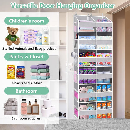 Heavy Duty Over The Door Organizer 5 Tiers, Extra Large Behind Door Storage of 10 Big Front & 10 Mesh Pockets, 80lb Weight Capacity, Hanging Doors Storage Organizer for Closet Bedroom Nursery, Grey