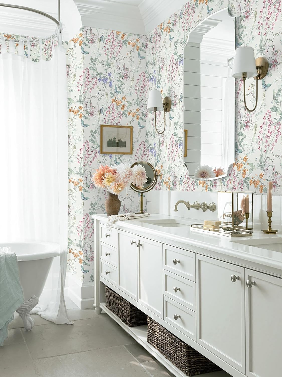Dimoon 17.3''x78.7'' Vintage Peel and Stick Wallpaper Boho Beige Neutral Contact Paper White Floral Bird Wallpaper Removable Botanical Renter Friendly Modern Wall Paper Bedroom Bathroom Vinyl Roll