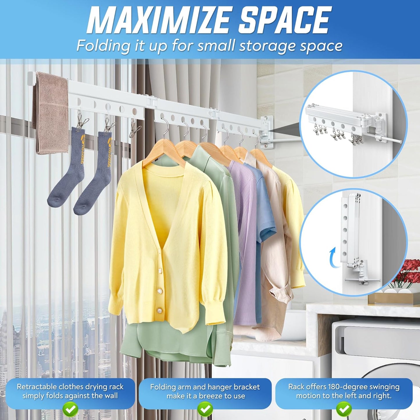 ZOFGENOW Clothes Drying Rack Wall Mounted, Retractable & Collapsible(Tri-Fold) Space-Saving Foldable Laundry Drying Rack for Indoor & Outdoor Use - Laundry Rooms, Bathroom & Balconies (White)
