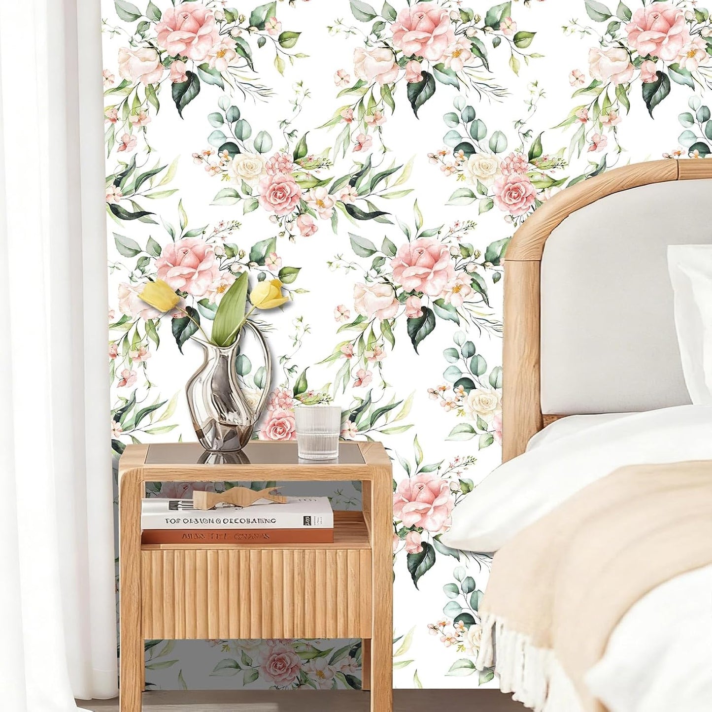 Pink Floral Peel and Stick Wallpaper Self Adhesive Removable Thick Vinyl Watercolor Botanical Flower Accent Wall for Bedroom Bathroom Living Room Renter Friendly 17.7" x 118"