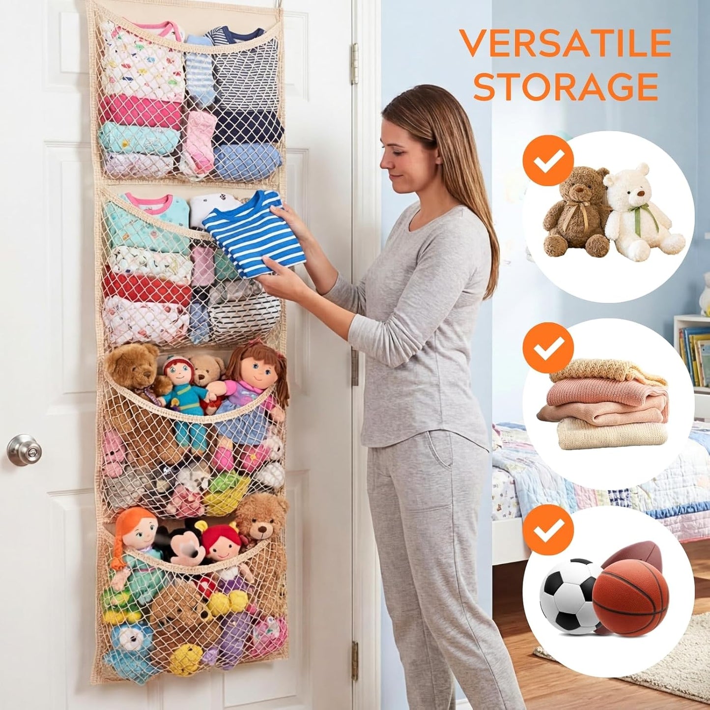 Ofiray-home Cotton Over The Door Stuffed Animal Storage | Toy Organizer for Storage Plush Toys, Stuffed Animal Holder with 4 Large Pockets, Hanging Door Organizer for Nursery