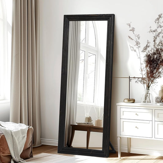 65"x22" Full Length Mirror Solid Wood Frame Floor Mirror with Stand for Living Room, Bedroom Hanging Standing or Leaning, Brown