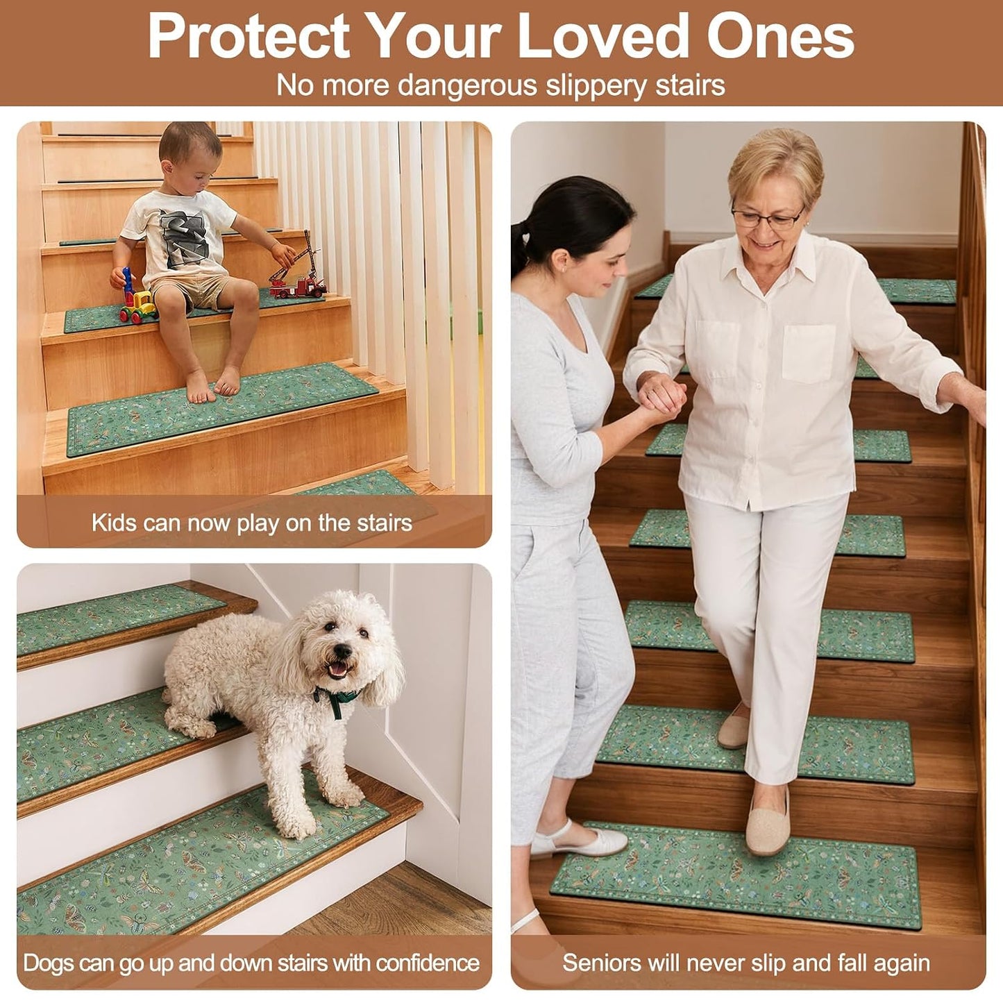 OJIA Insect Print Stair Treads Non Slip Stair Runners for Wooden Steps Indoor, 15PCS 8"x30" Rubber Backing Carpet Treads for Wood Stairs Staircase Step Treads for Kids & Dogs, Stair Covers, Black
