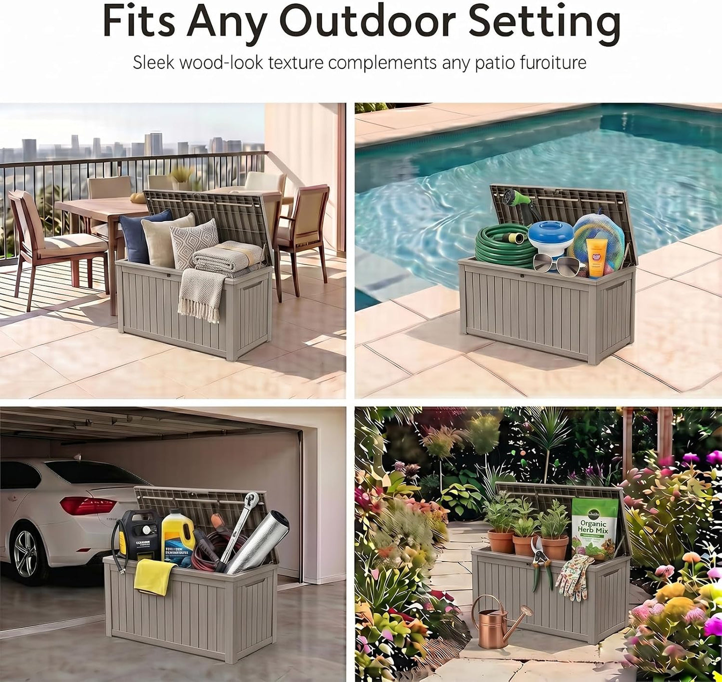 MAKINO 152 Gallon Resin Outdoor Storage Box, Waterproof Deck Box with Lockable Lid, Outside Storage Box for Patio Furniture, Pool Accessories, Garden Tools, Storage Bench for Backyard, Porch, Black