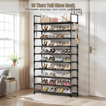Shoe Rack, 10 Tier Shoe Storage Organizer with Hooks,Fit 40-45 Pairs Shoes,Metal Tall Shoe Shelf for Closet,Entryway, Hallway,Garage,Bedroom,Cloakroom