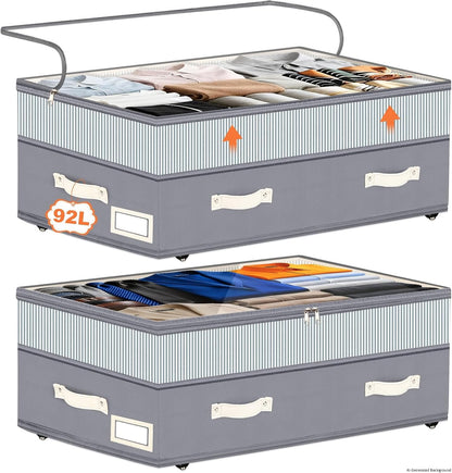 Dolicer 2 Pack Under Bed Storage with Wheels, 6in-10in Height Adjustable Underbed Storage Containers, 92L XXXL Under Bed Drawers Rolling Bin with Clear Lids for Dorm Shoes Clothes Organizers(Grey)