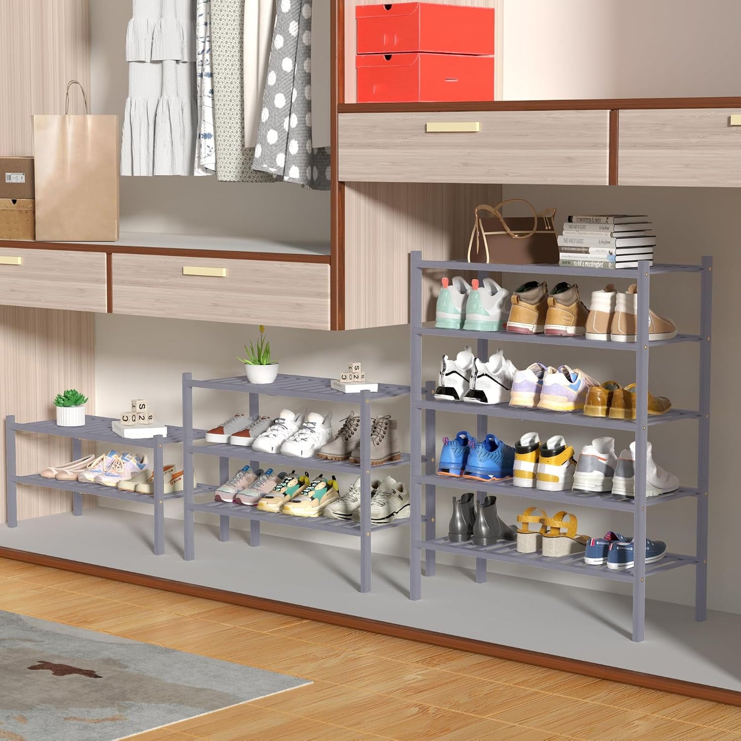 ROMGUAR CRAFT 3 Tier Bamboo Shoe Rack for Closet Free Standing Wood Shoe Shelf Storage Organizer for Entryway Small Space Stackable 27"x11"x20" (Natural)