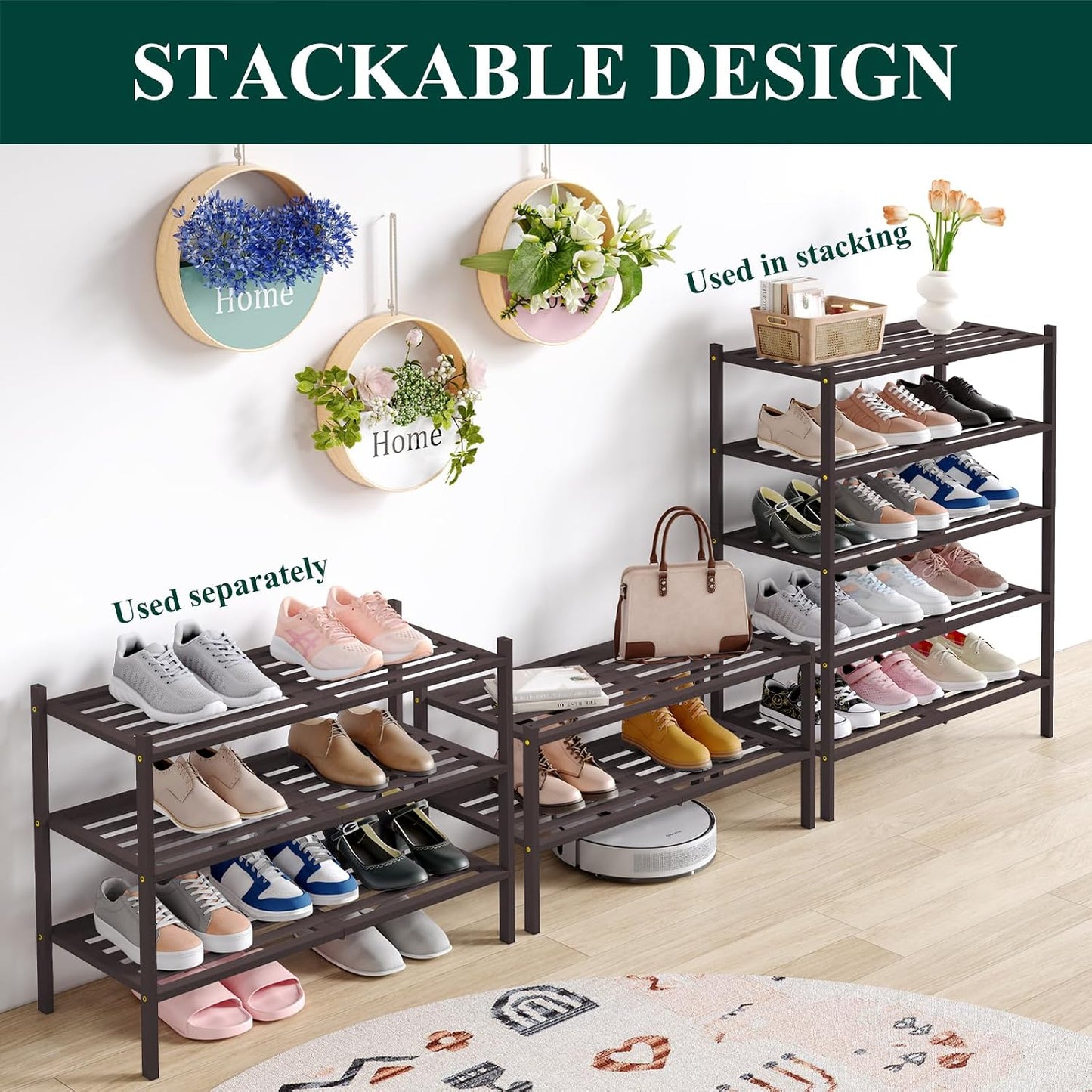 Smiry Bamboo Shoe Rack, 3 Tier Free Standing Wooden Shoe Organizer, Stackable Wood Shoe Storage Shelf for Closet, Entryway, 5 Horizontal Slats, 26.8"x11"x18.3", Natural