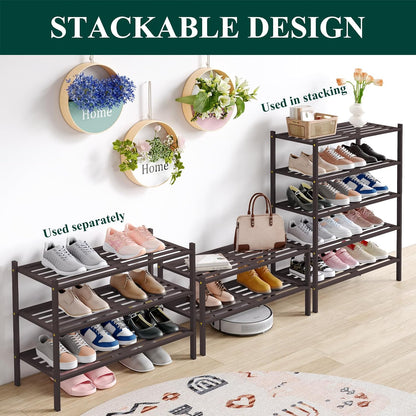 Smiry Bamboo Shoe Rack, 3 Tier Free Standing Wooden Shoe Organizer, Stackable Wood Shoe Storage Shelf for Closet, Entryway, 5 Horizontal Slats, 26.8"x11"x18.3", Natural