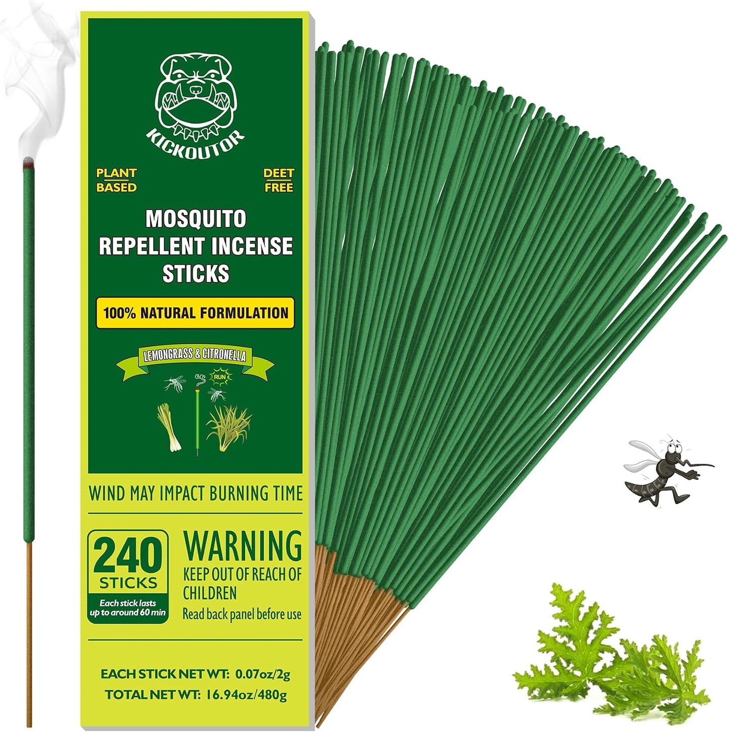 KICKOUTOR Mosquito Repellent Incense Sticks with Natural Citronella Oil, 120 Count DEET-Free Outdoor Protection for Patios, Backyard Gatherings & Camping, Up to 1 Hour Against Gnats & No-See-Ums