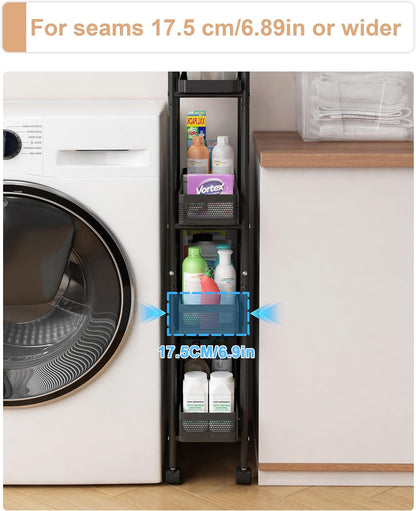 UMDONX Slim Storage Cart 5 Tier with Pull Out Basket Bathroom Organizer Rolling cart, Rolling Utility Cart Slide Out Organizer for Kitchen, Bathroom, Laundry Black