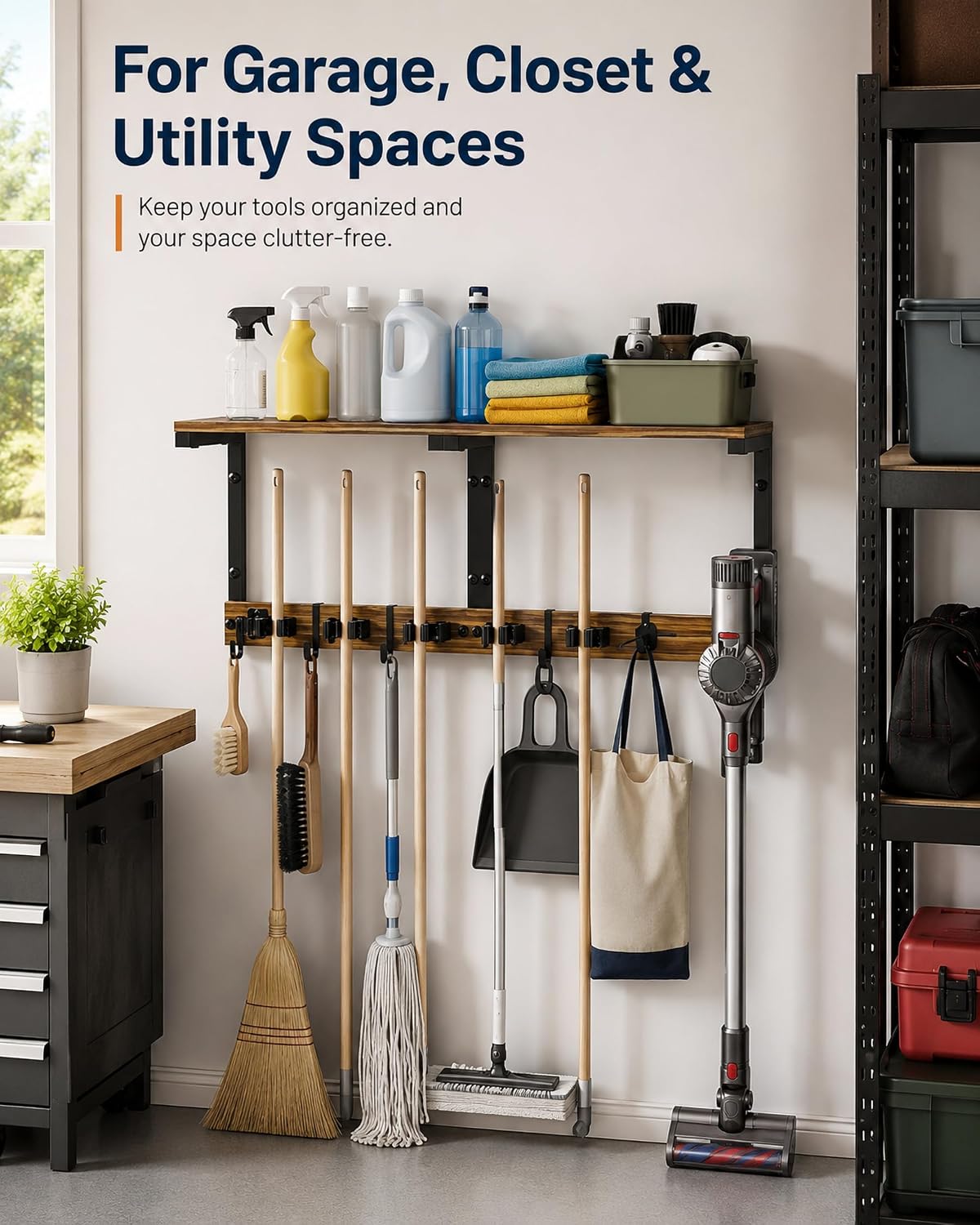 Broom and Mop Holder Wall Mount, 27" Large Organizer with Wood Shelf | Vacuum Holder, 5 Heavy-Duty Grippers, 5 Movable Metal Hooks for Laundry Room, Garage and Utility Closet Organization
