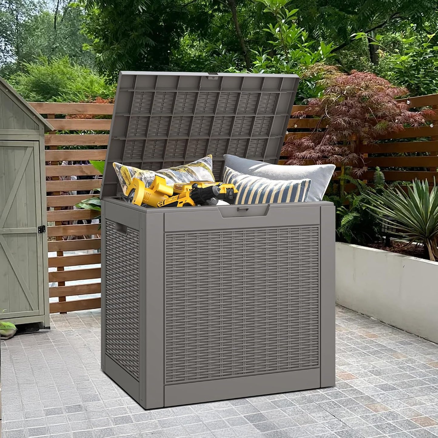 Bifanuo Outdoor Storage Box, 35 Gallon Deck Boxes Waterproof, Resin Storage Cabinet Multi Functional Storage Bench For Gardening Tools, Pool Supplies, Patio Furniture, Lockable