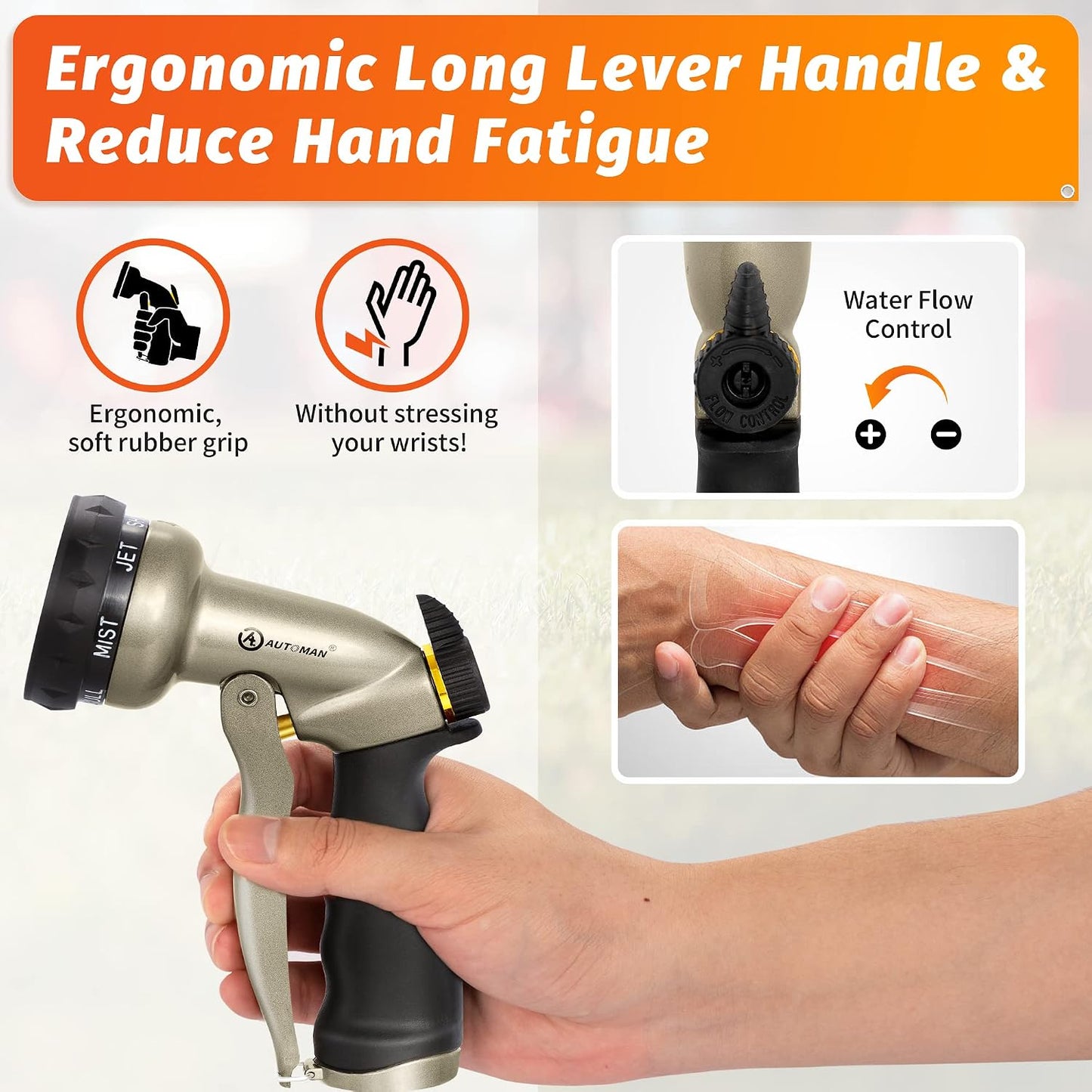 AUTOMAN Garden Nozzle Sprayer, High Pressure Spray Nozzle, 100% Metal Water Hose Nozzle, 7 Patterns Watering Nozzle, Heavy Duty Sprayer Garden Nozzle for Watering Plants & Lawns, Washing Cars & Pets
