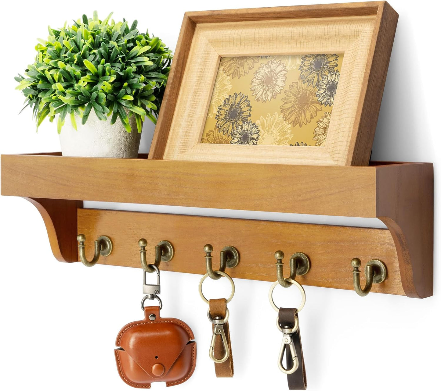 Rebee Vision Farmhouse Key Holder for Wall - Decorative Wooden Mail Organizer with 5 Rustic Key Hooks and Floating Shelf for Home Decor, Hallway, Entryway, Appartment (Retro Brown)