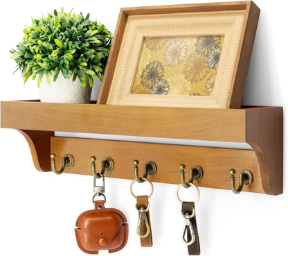 Rebee Vision Farmhouse Key Holder for Wall - Decorative Wooden Mail Organizer with 5 Rustic Key Hooks and Floating Shelf for Home Decor, Hallway, Entryway, Appartment (Retro Brown)