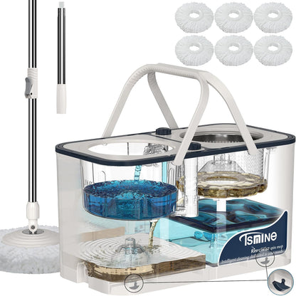 Spin Mop for Large Homes & Big Floor Cleaning, Clean & Dirty Water Separation Mop Bucket for Family & Pet Homes,4-Chamber System, Glide Wheels, Safe for Hardwood & Tile, Adjustable Handle, 6 Mop Heads