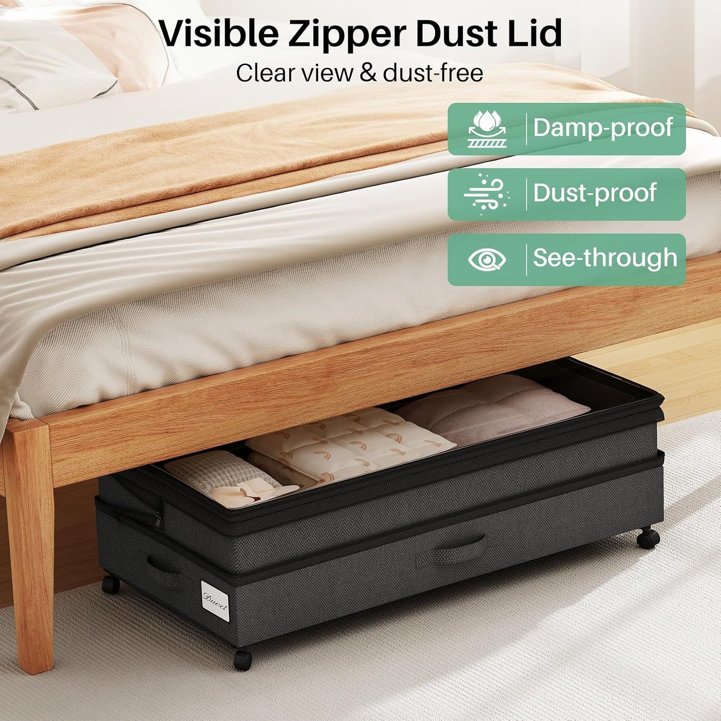 Kitstorack Under Bed Storage with Wheels 2Pack Height-adjustable Under Bed Storage Containers,Under Bed Shoe Storage Organizer with Clear Window&Label, Suitable for Clothes Storage, Gray