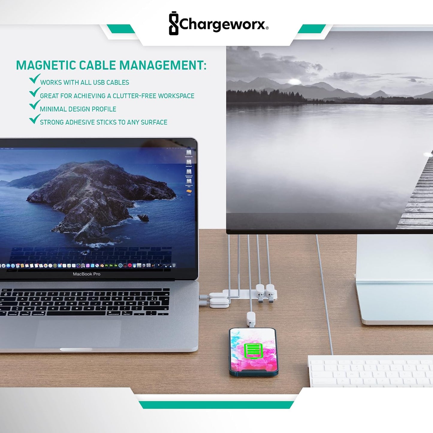 Chargeworx Magnetic Cable Clips - Cord Holder Organizer, No Drill Self-Adhesive Base, Cable Organizer, Repositionable Magnetic Clips, 5-Pack, USB-C Lightning Micro-USB, Desk Nightstand Wall Car, Black
