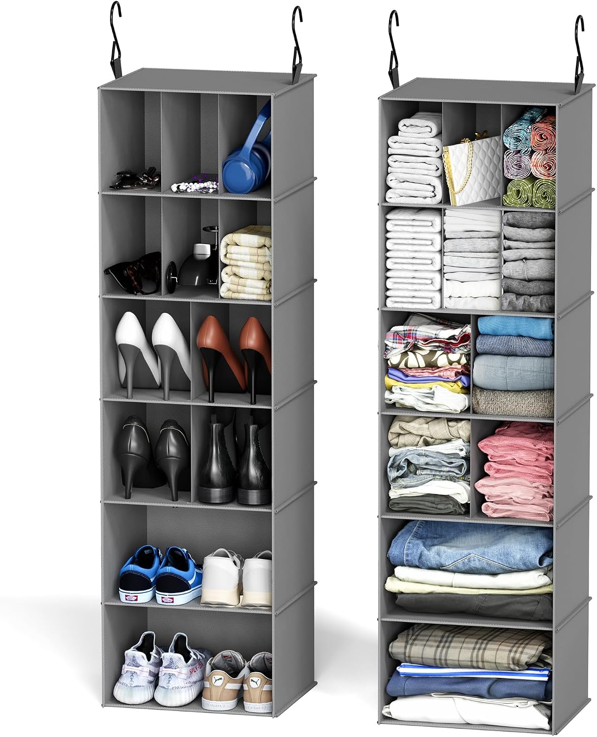 SpaceAid 2 Pack Hanging Closet Organizer and Storage with Dividers, 24 Compartments Hanging Shoe Shelves for Closet, Wardrobe, RV, Garment Rack - Black