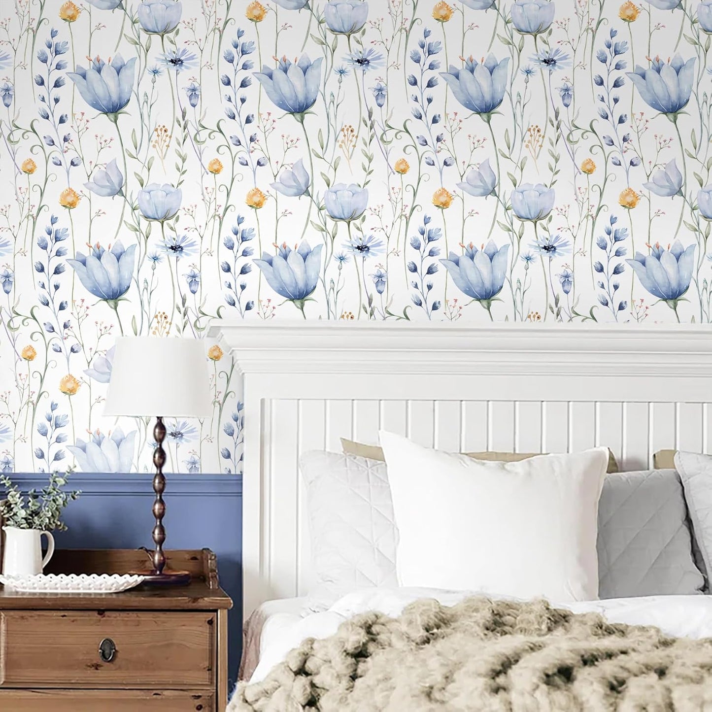 HeloHo Blue Floral Wallpaper Peel and Stick Self Adhesive Removable Wall Paper 16.1" X 118" Renter Friendly Waterproof Wallpaper Contact Paper for Furniture Living Room Bedroom Decor
