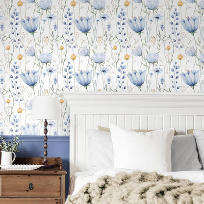 HeloHo Blue Floral Wallpaper Peel and Stick Self Adhesive Removable Wall Paper 16.1" X 118" Renter Friendly Waterproof Wallpaper Contact Paper for Furniture Living Room Bedroom Decor