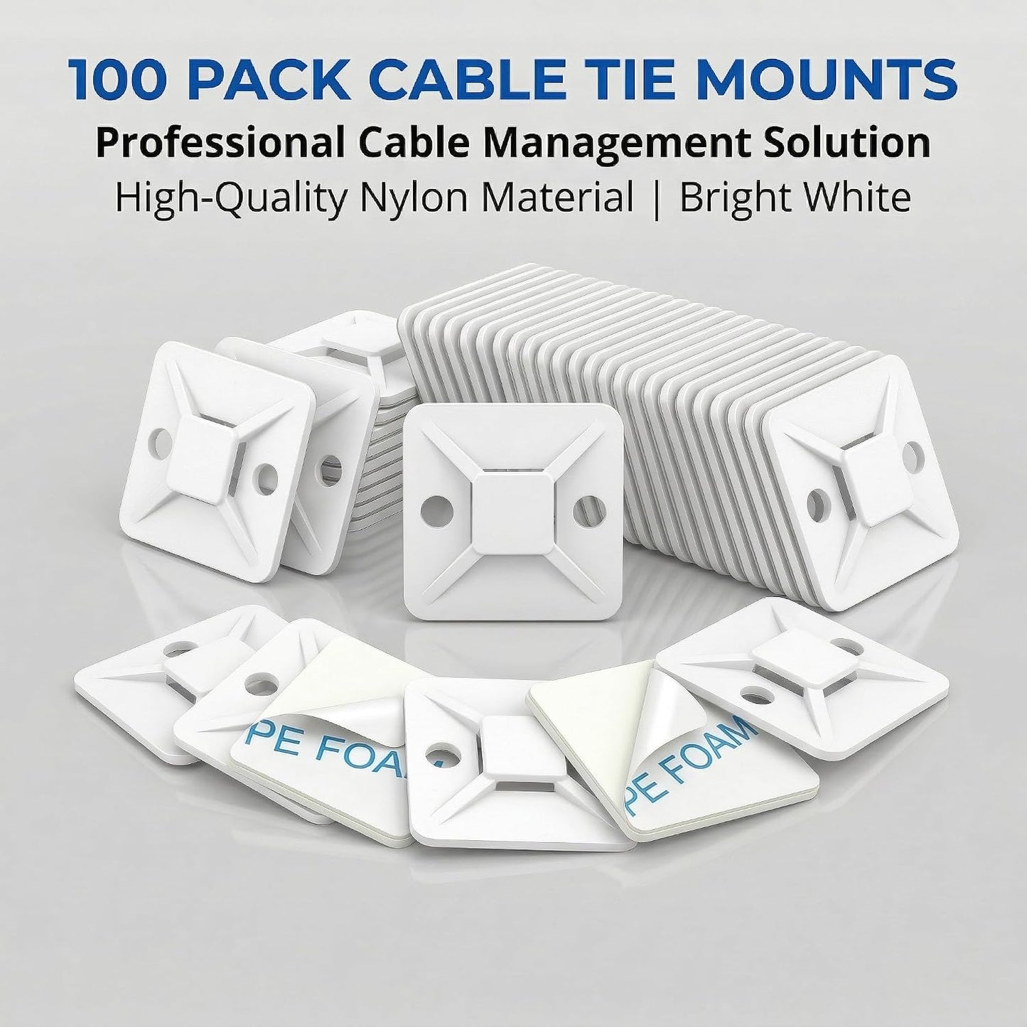 100 PCS 1" Adhesive Cable Tie Mounts – Strong Sticky Back Nylon Wire Holders for Cable Management in Home, Office, Car & Christmas Lights (BLACK-100)