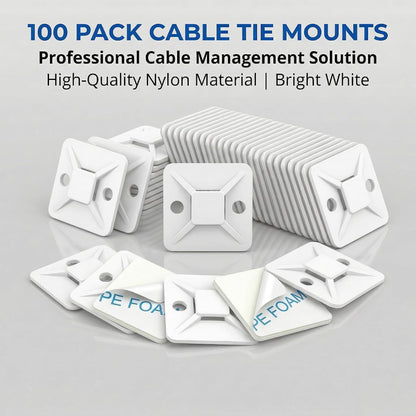 100 PCS 1" Adhesive Cable Tie Mounts – Strong Sticky Back Nylon Wire Holders for Cable Management in Home, Office, Car & Christmas Lights (BLACK-100)