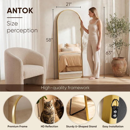 Antok 58" x19” Arched Full Length Floor Mirror, Gold Aluminum Frame, Free Standing/Wall Mount/Leaning for Bedroom, Living Room, Dressing Room